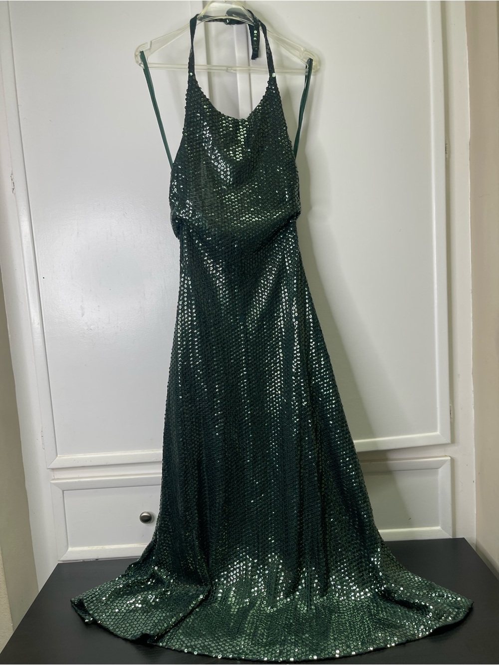 Vintage 70s Emerald Sequin Halter Gown ILGWU Union Made Disco Studio 54 XS Rare